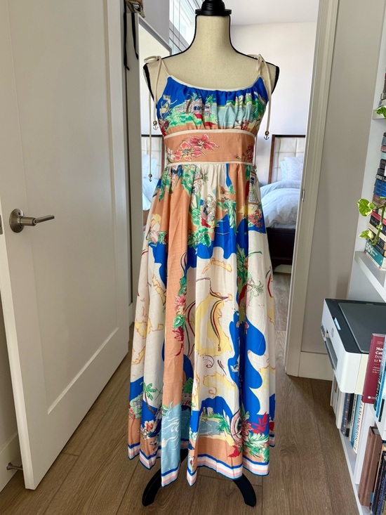 Zimmermann Alight Picnic Nautical Map Midi Dress Linen Blue Print - Picture 3 of 16